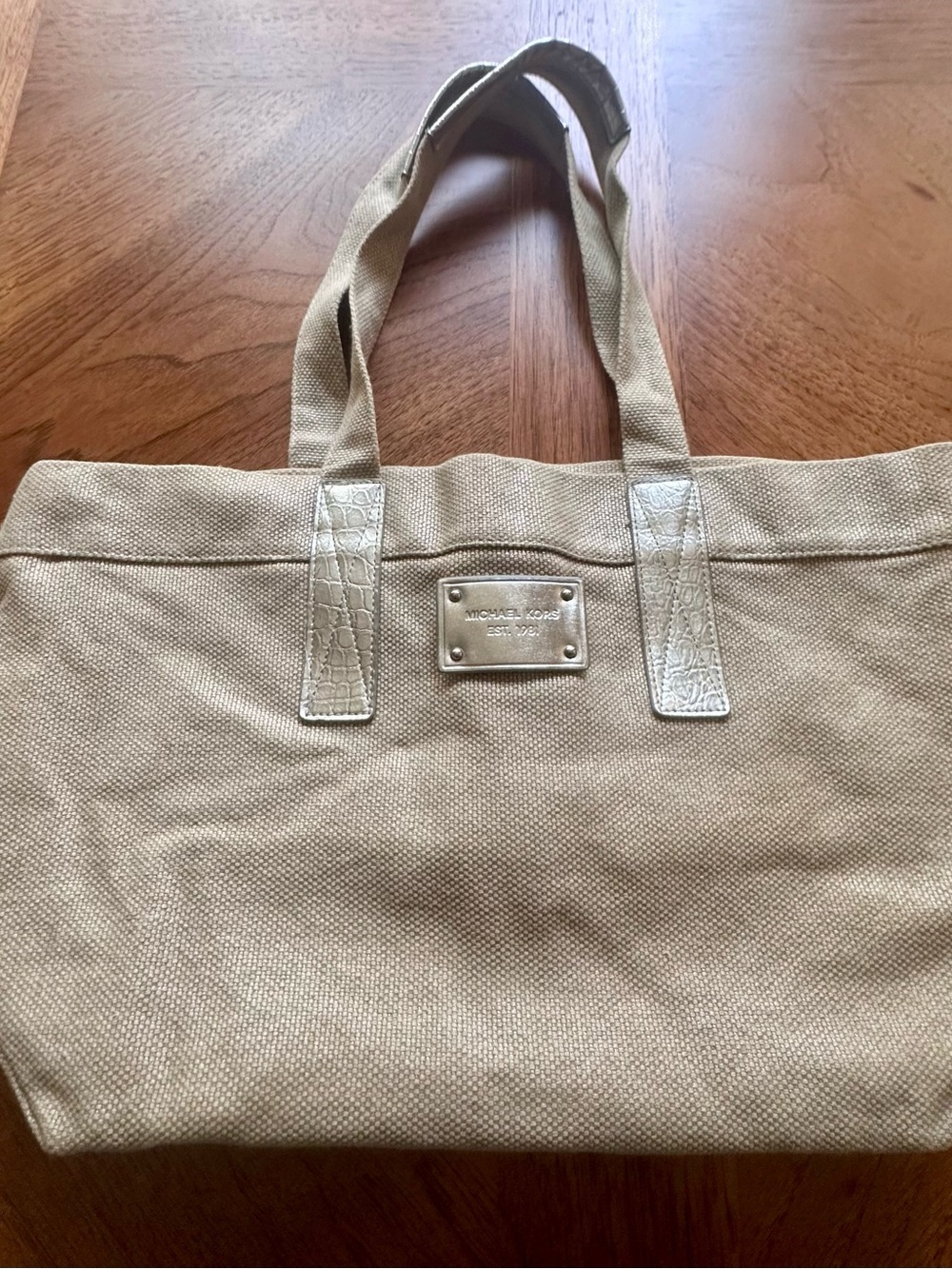 Michael Kors Neutral Beige Canvas Tote with Metallic Accents